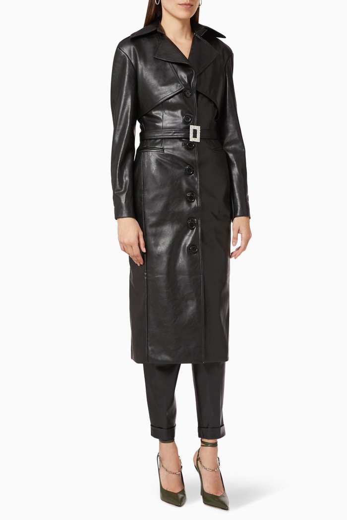 Slim Waisted Trench Coat in Vegan Leather, Black
