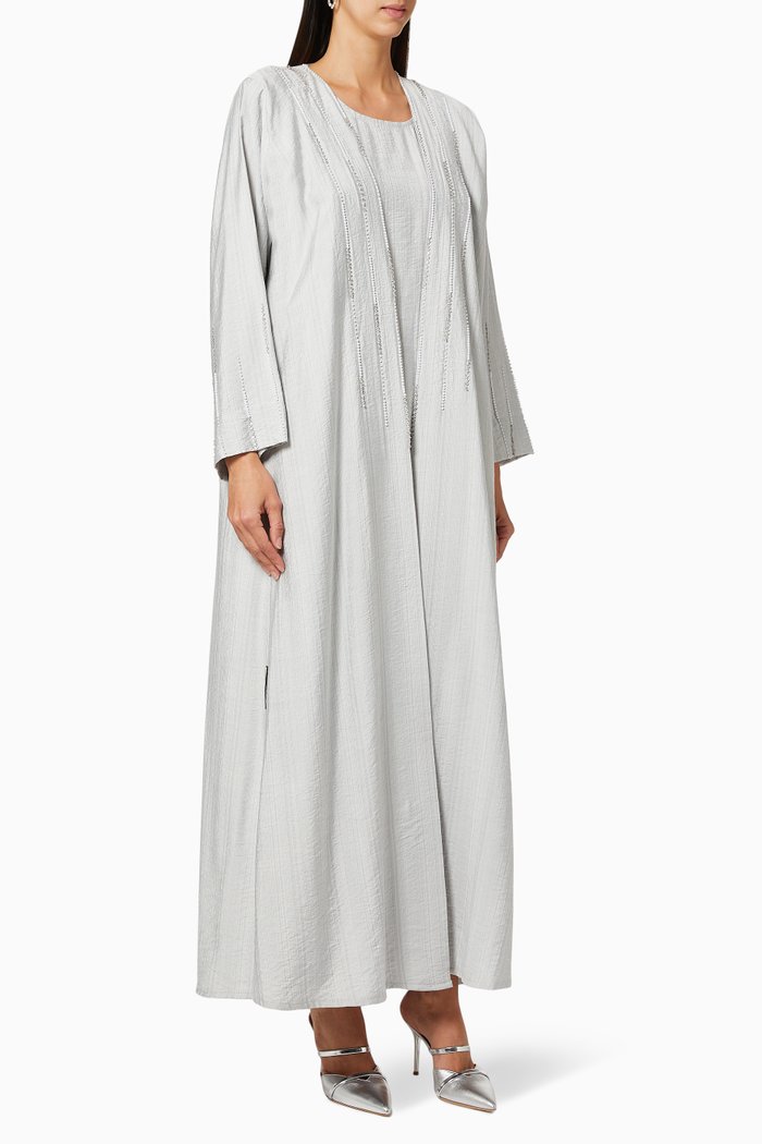 

Beaded Cotton Abaya Set, Grey