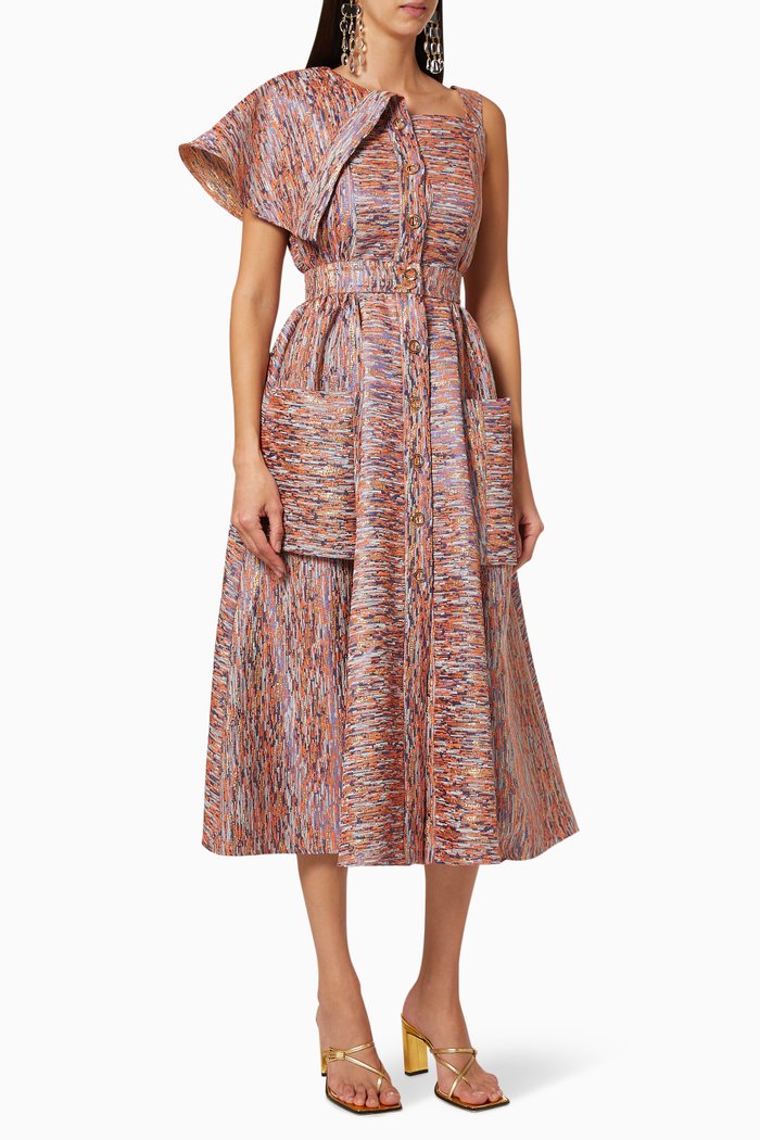 Belted Textured Dress, Orange
