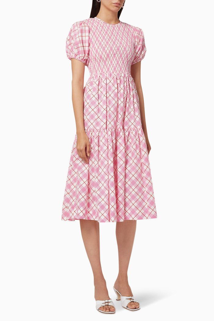 Checkered Puff Dress in Cotton, Pink