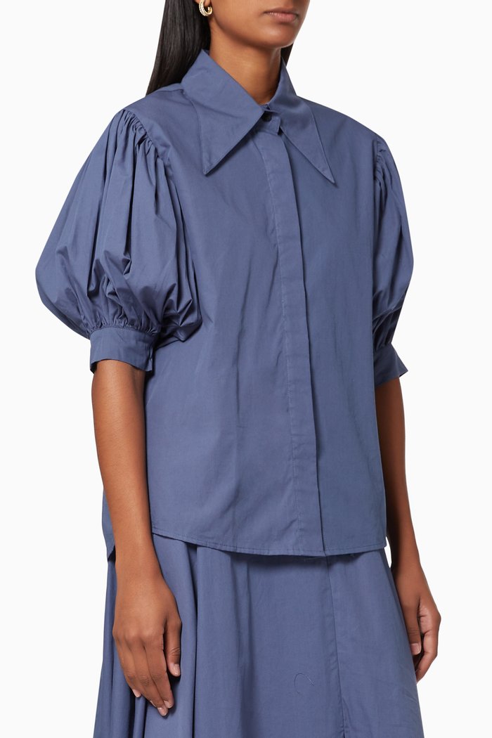 

Puff Sleeve Cotton Shirt, Blue