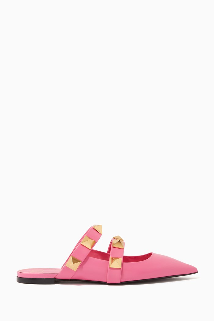 

Valentino Garavani Roman Stud Flat Mules in Calfskin, Pink