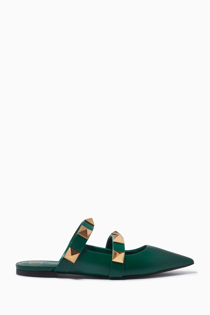 Valentino Garavani Roman Stud Flat Mules in Calfskin, Green