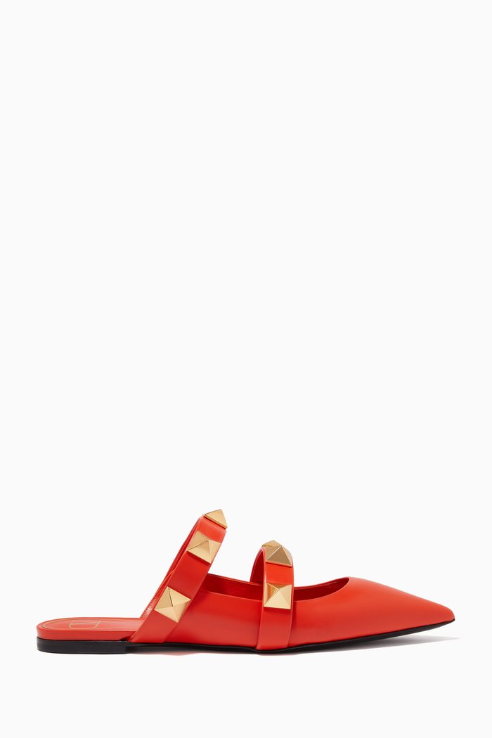 Valentino Garavani Roman Stud Flat Mules in Calfskin, Gold