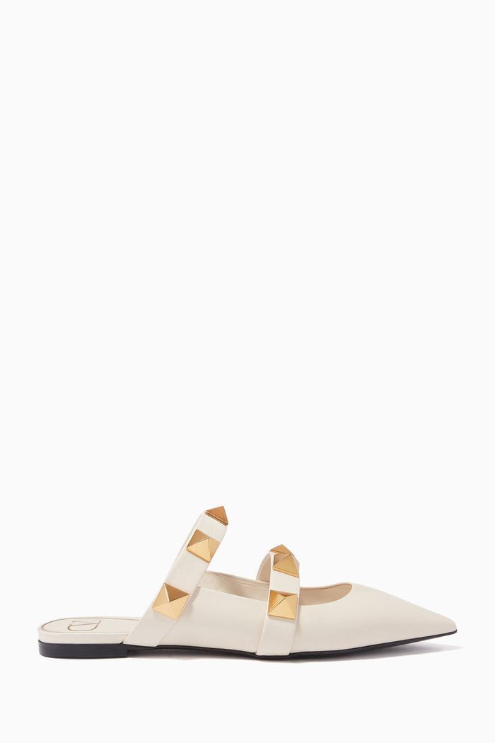

Valentino Garavani Roman Stud Flat Mules in Calfskin, White