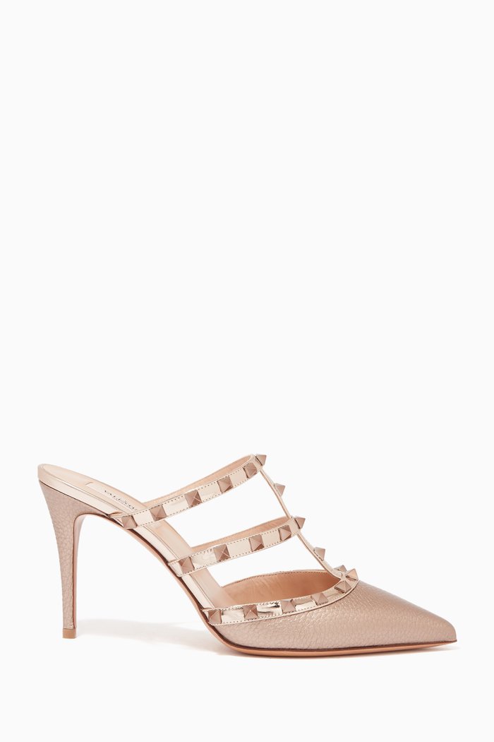 

Valentino Garavani Rockstud Mules in Laminated Elk-Print Calfskin, Gold