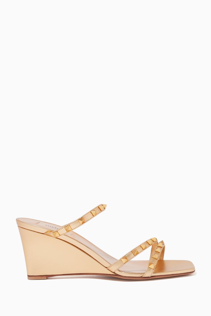 

Valentino Garavani Rockstud Wedge Sandals in Metallic Nappa, Gold