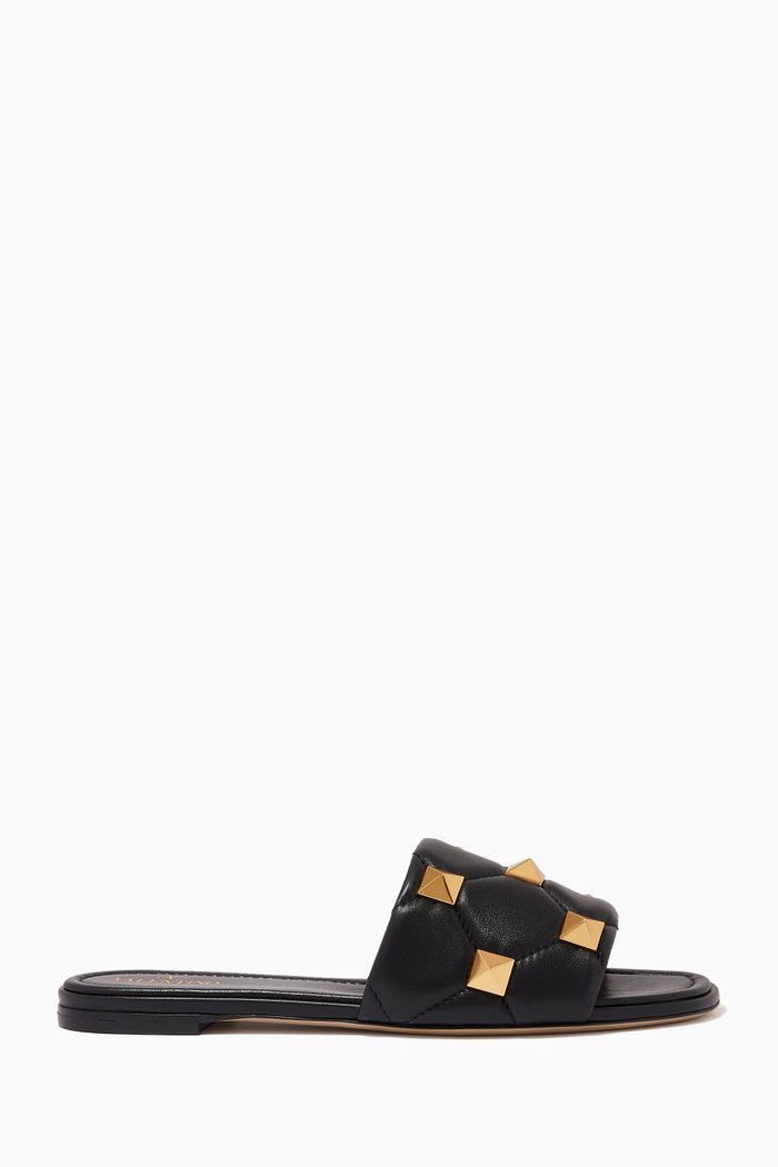 

Valentino Garavani Roman Stud Slide Sandals in Quilted Nappa, Black