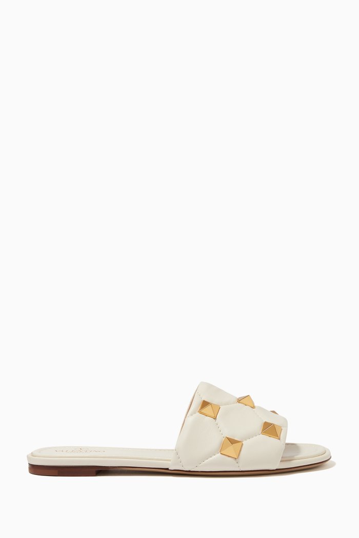

Valentino Garavani Roman Stud Slide Sandals in Quilted Nappa, White