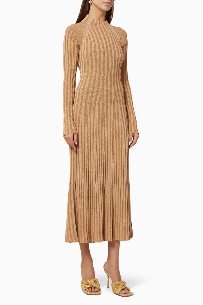 

Ribbed Twist Flared Dress, Neutral