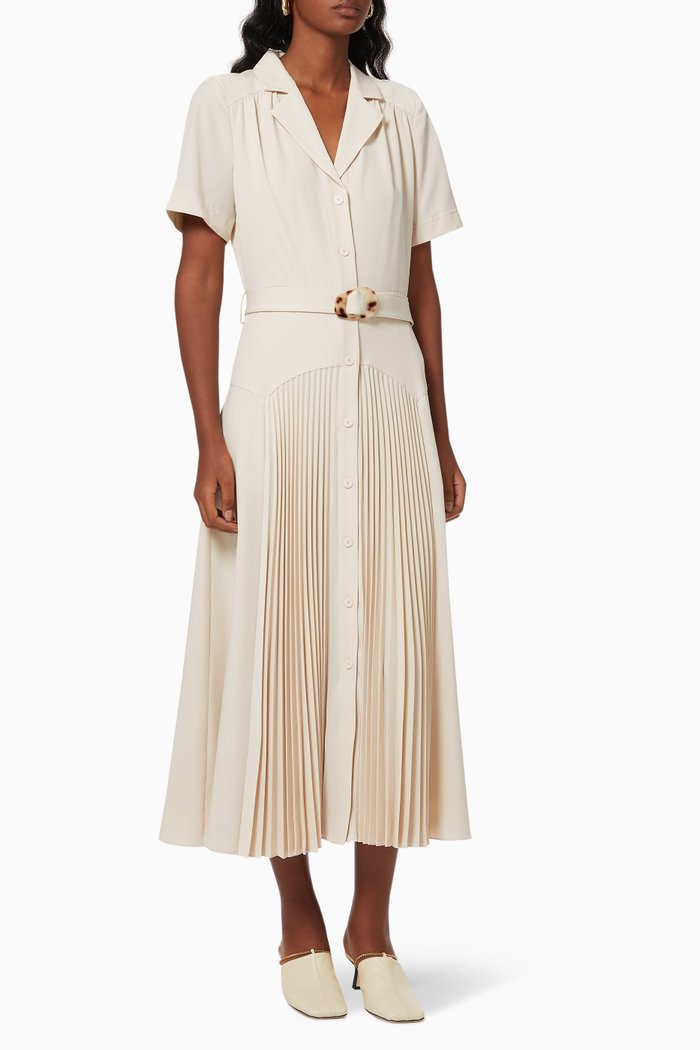 

Sama Pleated Midi Dress in Stretch Twill, Neutral