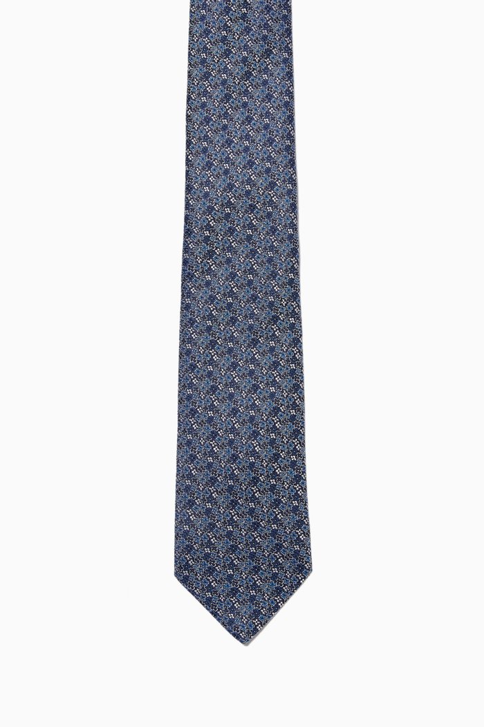 

Micro Floral Print Silk Tie, Blue