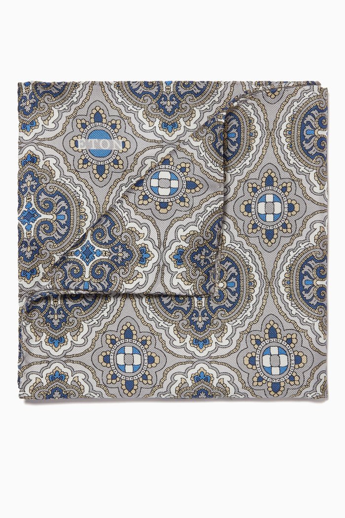 Paisley Print Pocket Square in Silk, Grey