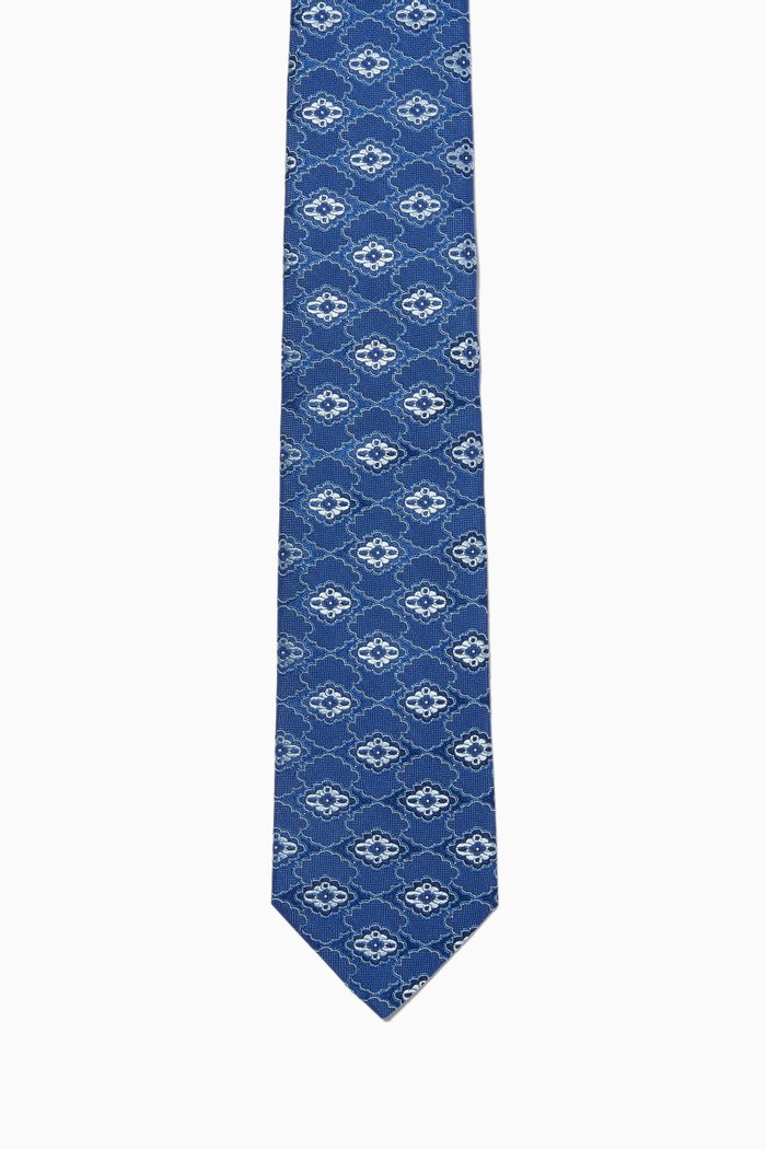 

Geometric Floral Print Silk Tie, Blue
