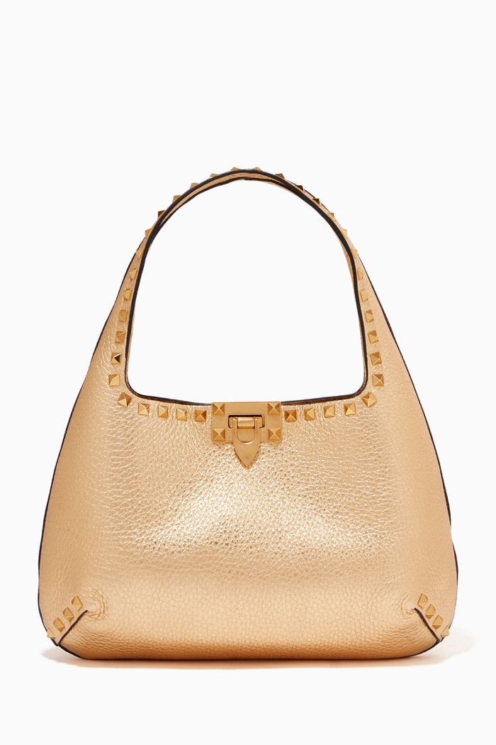 

Valentino Garavani Rockstud Small Hobo Bag in Grainy Calfskin, Gold