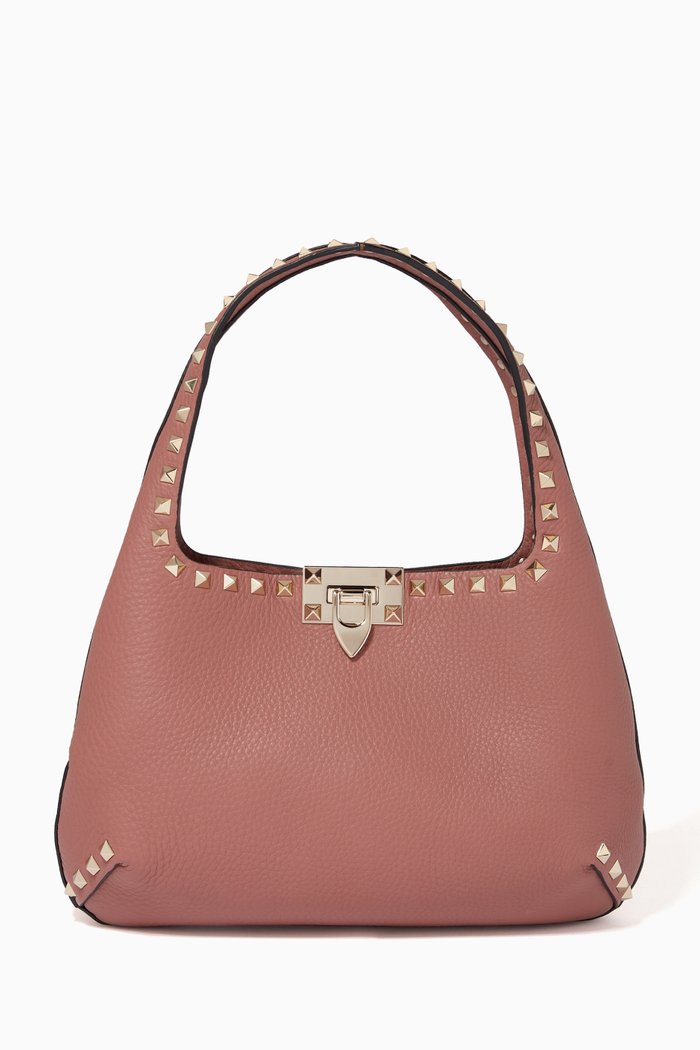 

Valentino Garavani Rockstud Small Hobo Bag in Grainy Calfskin, Neutral