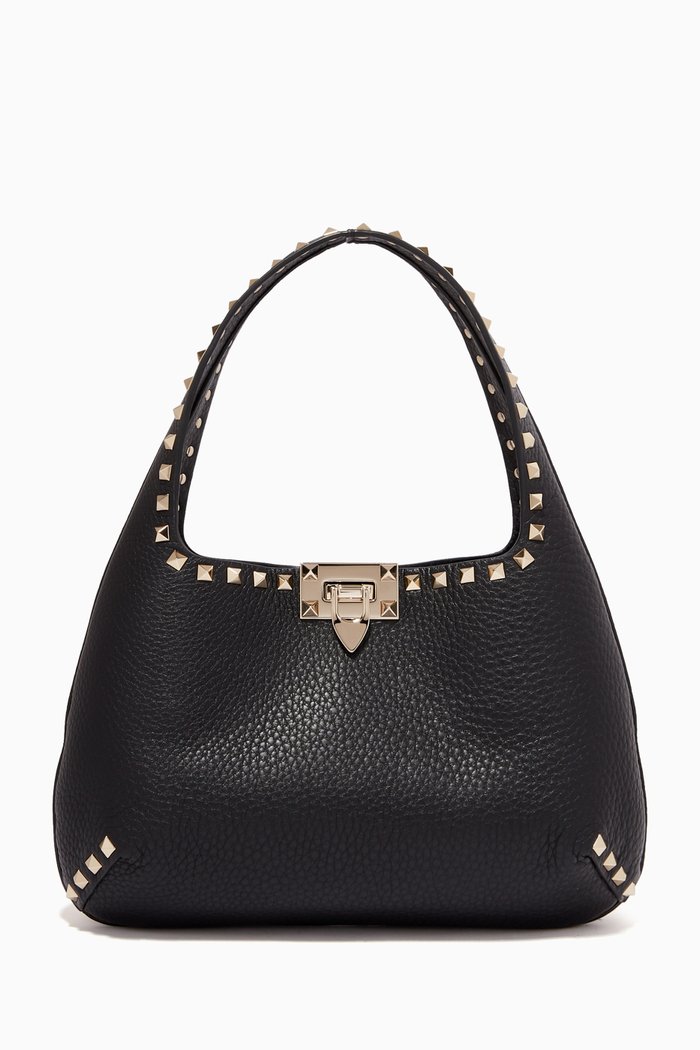

Valentino Garavani Rockstud Small Hobo Bag in Grainy Calfskin, Black