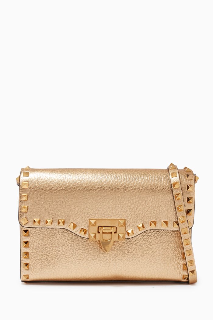 

Valentino Garavani Rockstud Small Crossbody Bag Grainy Calfskin, Gold