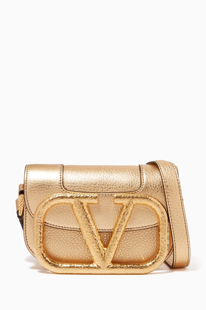 

Valentino Garavani Small Supervee Crossbody Bag in Metallic Grainy Calfskin, Gold