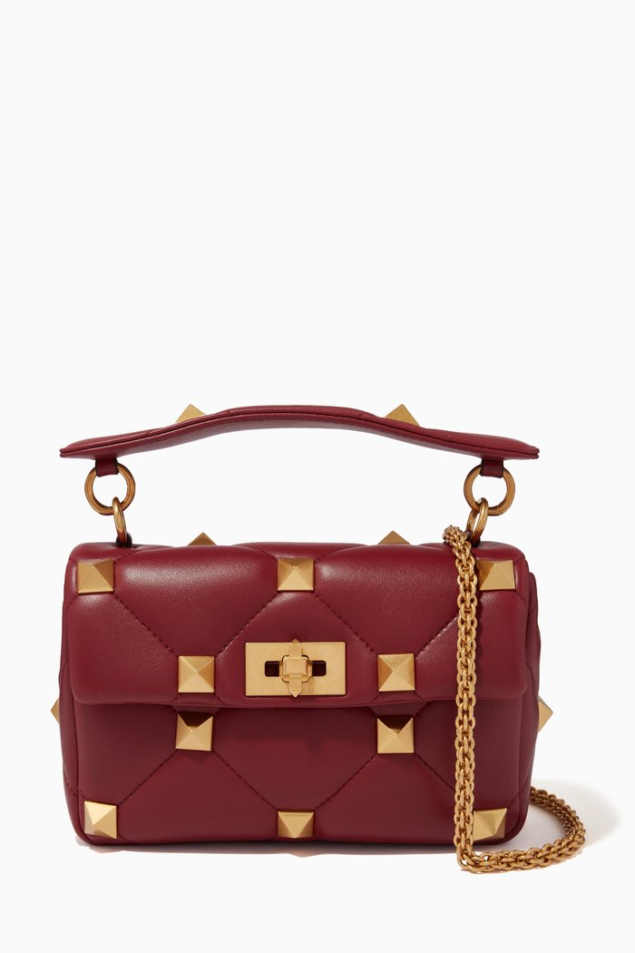 

Valentino Garavani Roman Stud Small Shoulder Bag in Nappa Leather, Burgundy