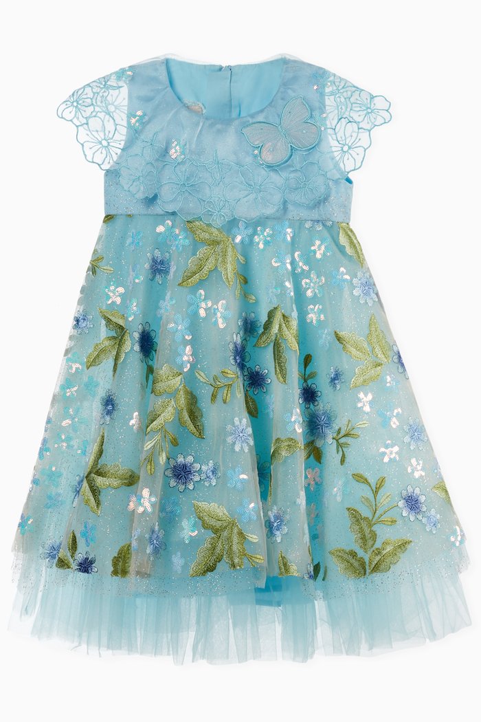 

Floral Embroidery Tulle Dress, Blue