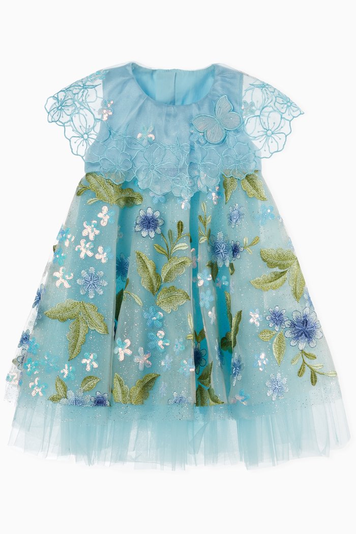 

Floral Embroidery Tulle Dress, Blue