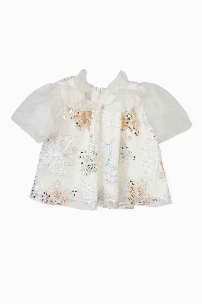 Butterfly and Crystal Beads Blouse, White