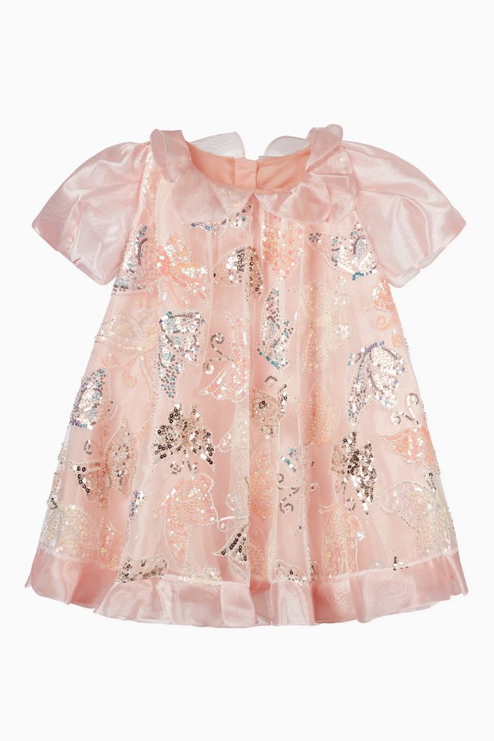 

Butterfly Sequins and Crystal Beads Ruffle Dress, Pink