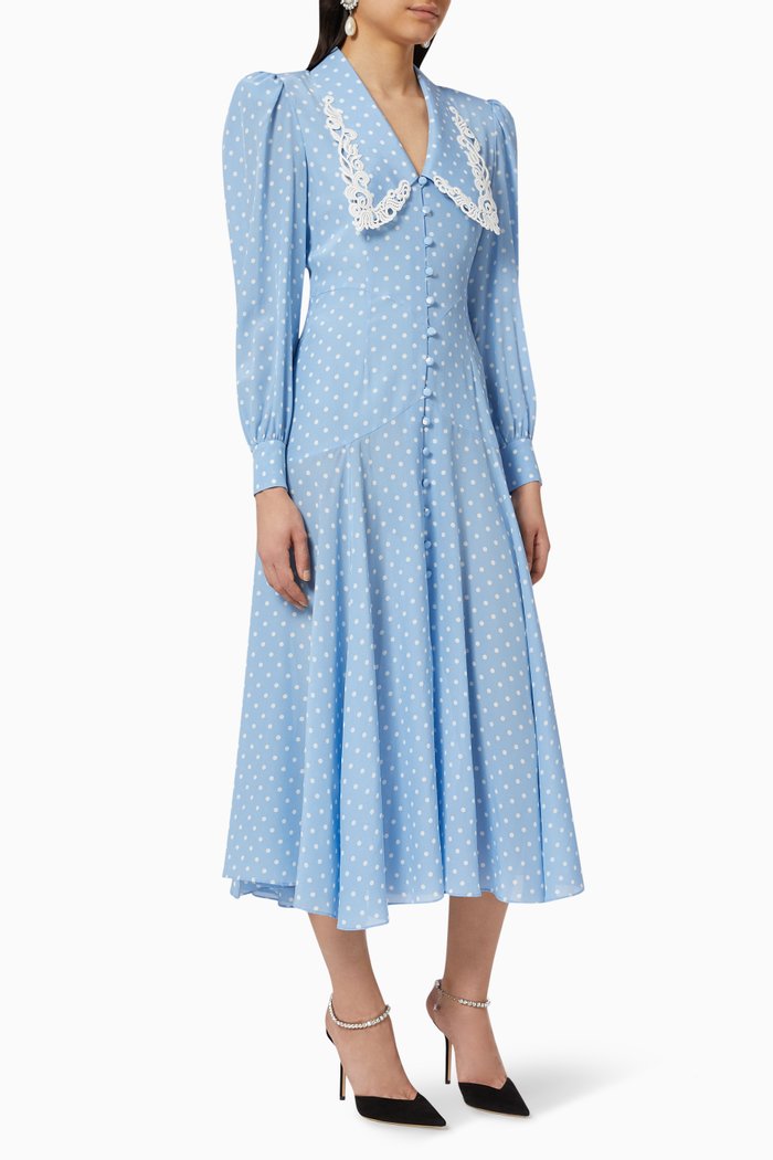 

Macramé Polka Dot Dress in Silk, Blue