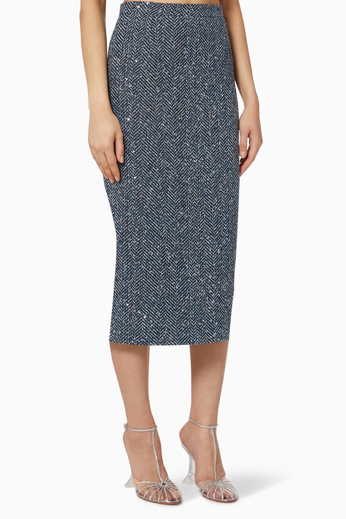 

Herringbone Sequin Midi Skirt in Tweed, Blue