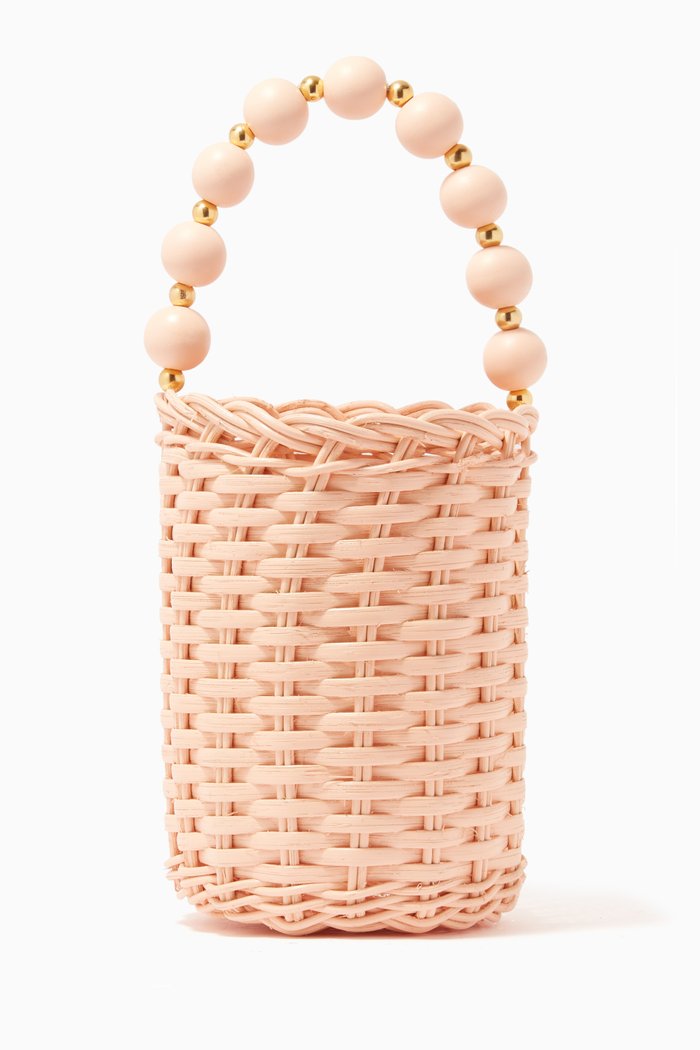 

Coeur de Palmier Bucket Bag in Raffia & Wooden Beads, Pink