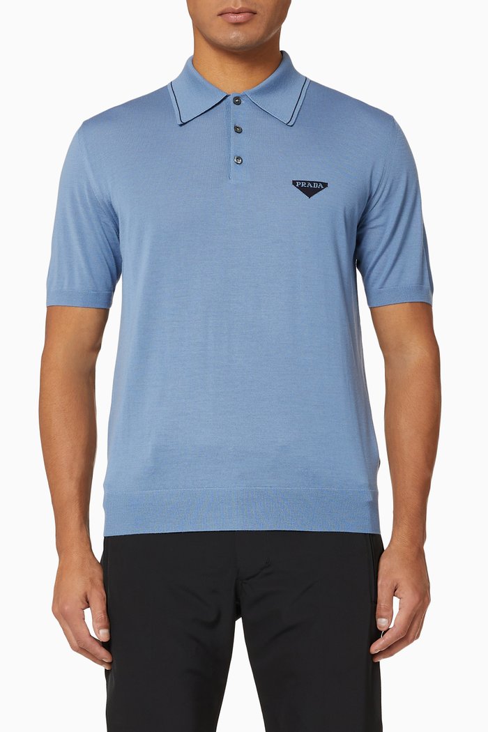 Triangle Logo Combed Wool Polo Shirt, Blue
