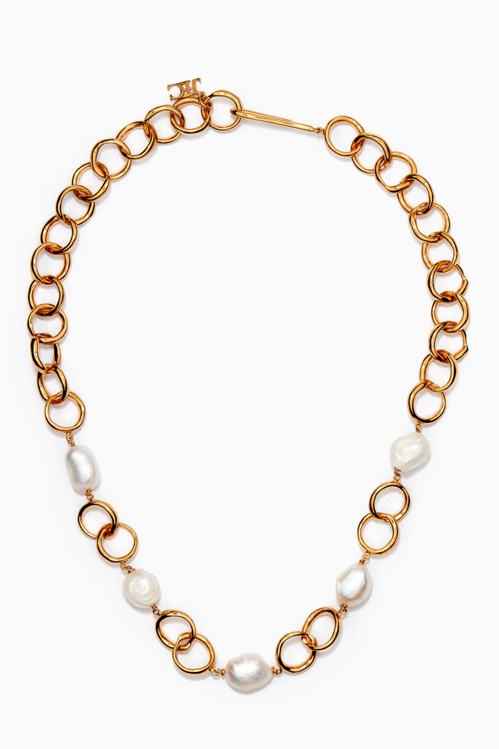 

Feminine Waves Link Necklace with Pearls in 18kt Gold-plated Brass