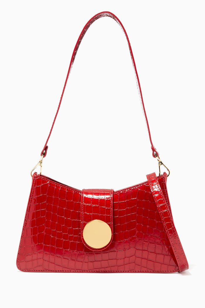 Baguette Shoulder Bag in Croc-embossed Leather, Burgundy