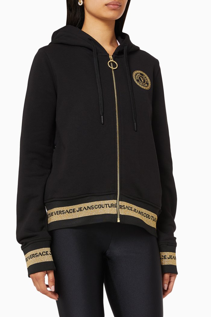 

V-Emblem Cotton Zip Hoodie, Black