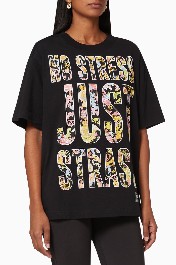

"No Stress Just Strass" Cotton Oversized T-shirt, Black