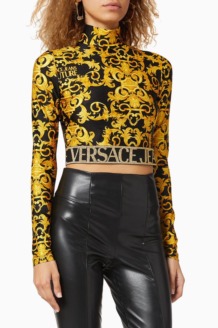 Logo Baroque Velour Cropped Top, Multicolour