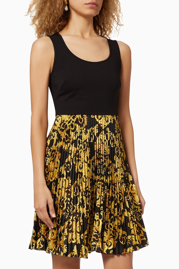 Logo Baroque Pleated Cotton Dress, Multicolour