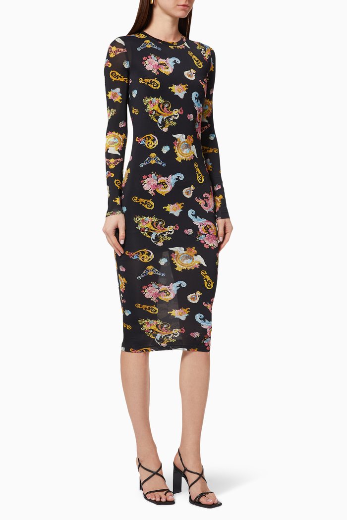 Lady Midi Dress with Rococo Print, Black