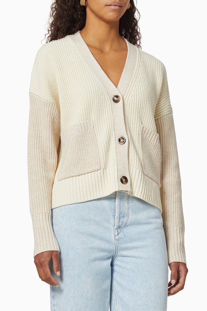 

Cotton Merino Wool Rib-knit Cardigan, Neutral