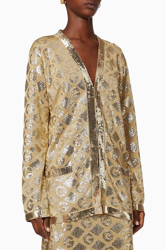 Cardigan in Lamé G Rhombi Jacquard, Gold