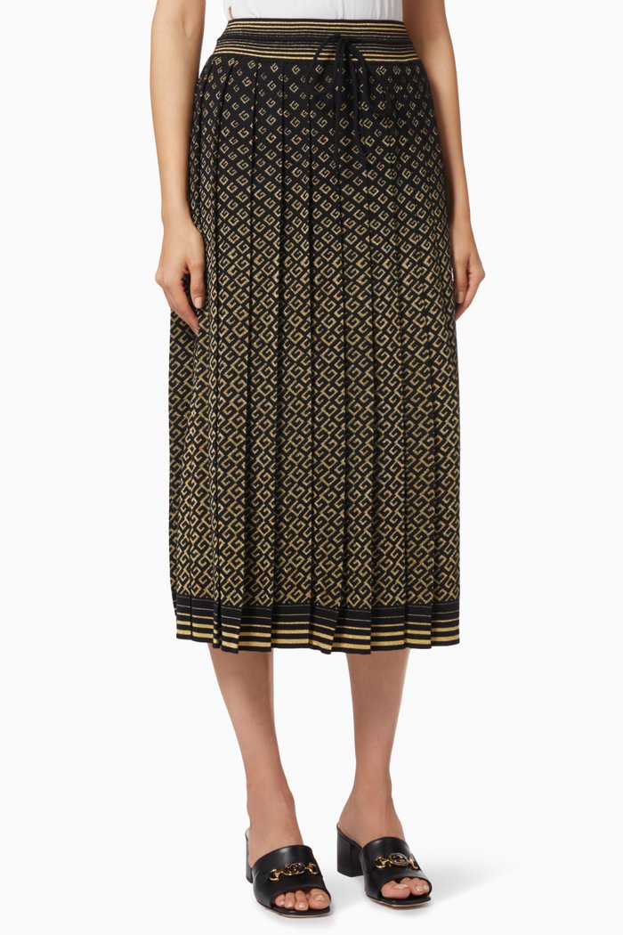 GG Motif Pleated Wool Skirt, Gold