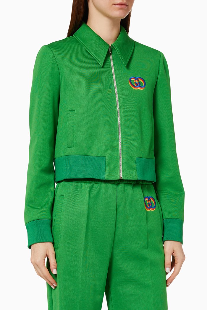 

Tiger Embroidery Interlocking GG Jersey Jacket, Green