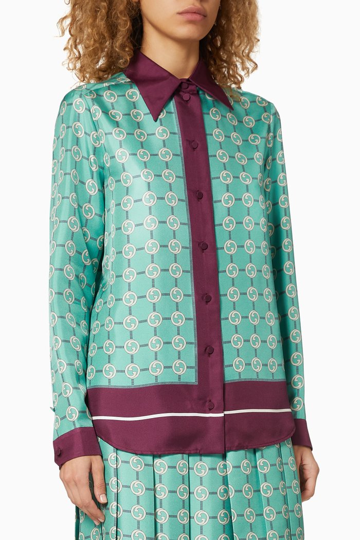 

Interlocking G Print Silk Shirt, Blue