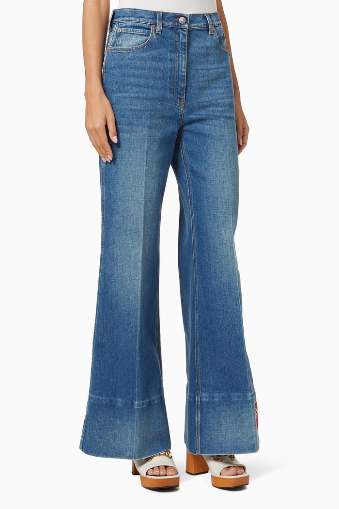 

Gucci Label Flared Pants in Stretch Denim, Blue