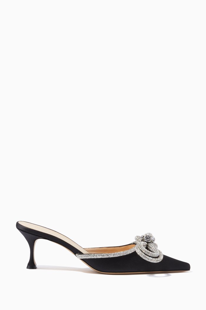 

Double Bow Crystal Mules in Satin, Black