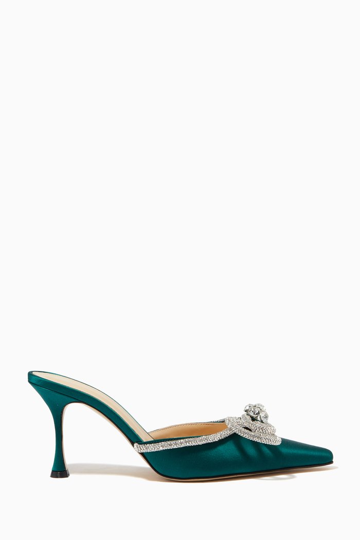 

Double Bow Crystal Mules in Satin, Green