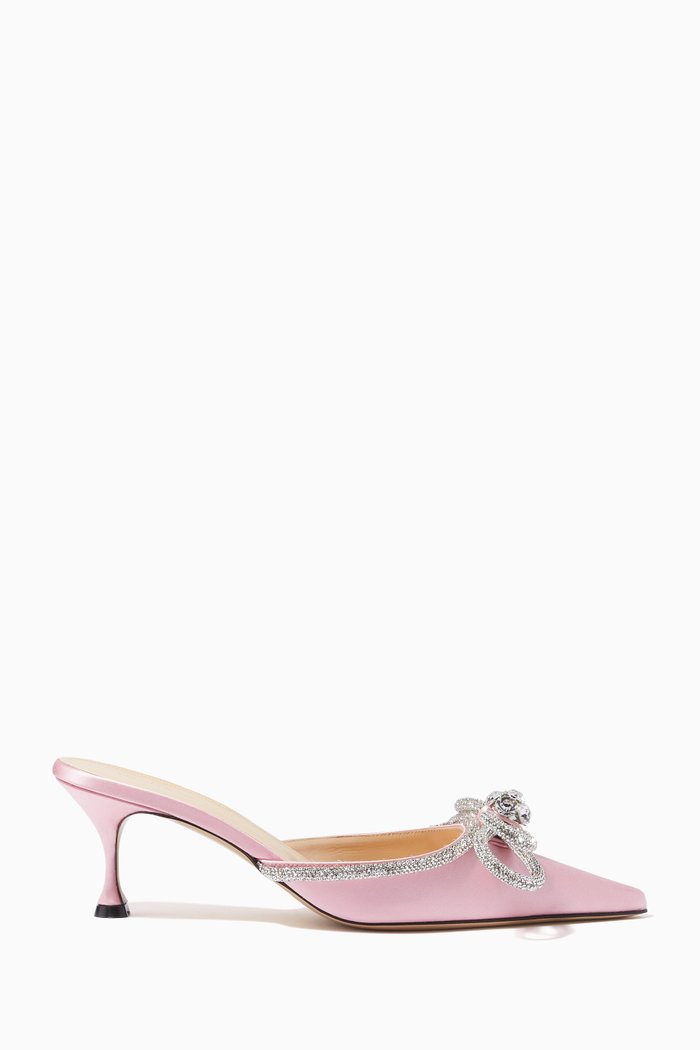 

Double Bow Crystal Mules in Satin, Pink