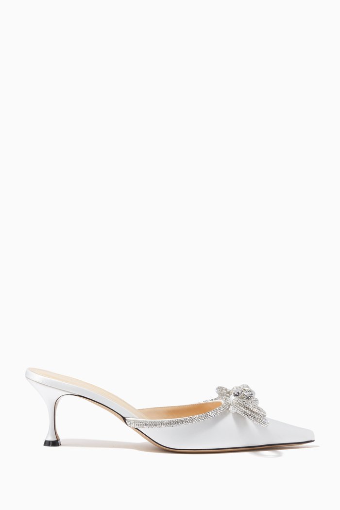 

Double Bow Crystal Mules in Satin, White