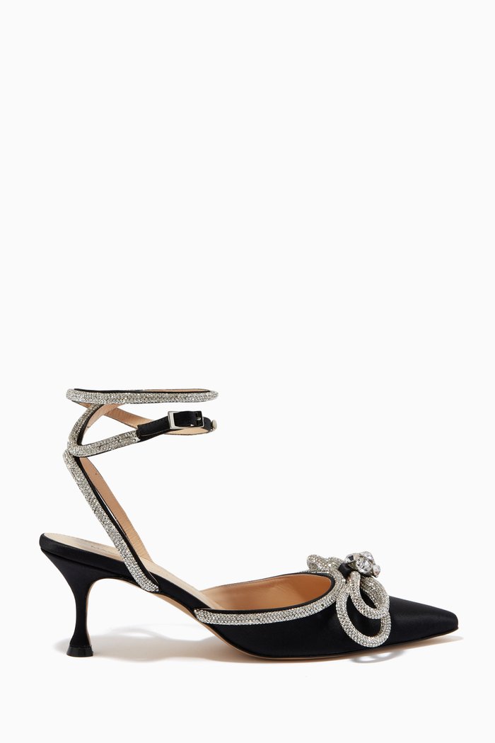 Double Bow Crystal Pumps in Satin, Black